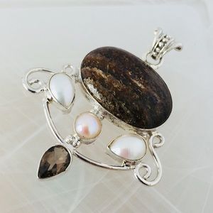 .925 Sterling Silver Pendant Bronzite Smokey Topaz